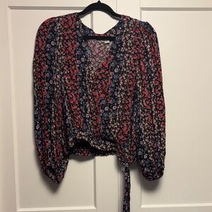 American Eagle Floral Wrap Blouse - Red and Blue